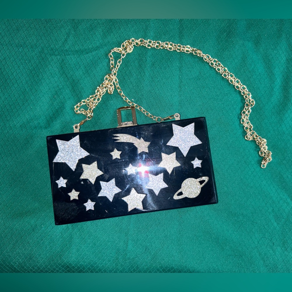 Circus Sam Edelmand Black Gold Star Celestial Acrylic Hard Shell Clutch Purse